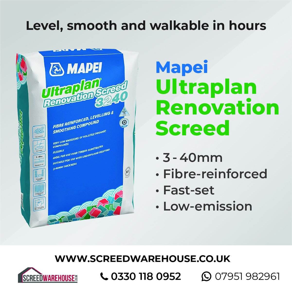 Transform your floor renovation with confidence.
The Mapei Ultraplan Renovation Screed 25 kg is a fibre-reinforced, self-levelling compound.

Call: 0330 118 0952
WhatsApp: 07951 982961
Visit:tinyurl.com/33394w9z

#Mapei #Ultraplan #RenovationScreed #SelfLevelling #FloorPrep