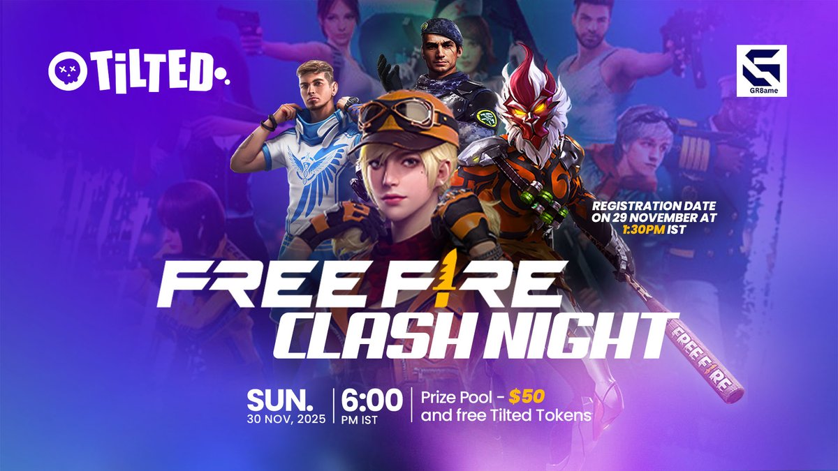 tiltedxyz's tweet image. 🔥 TILTED X GR8AME — FREE FIRE CLASH NIGHT (WEEKLY!) 🔥

Squads, it’s that time again — a brand-new week of Free Fire MAX qualifiers powered by Tilted &amp;amp; GR8AME. The arena resets, the stakes stay high. Let’s run it back. 💥

Registration Date: Saturday, 29 Nov

⏰ Time: 1:30 PM…