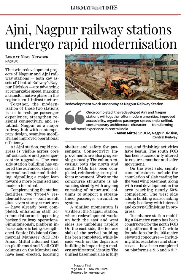 Rishi160795's tweet image. 𝐍𝐚𝐠𝐩𝐮𝐫 &amp;amp; 𝐀𝐣𝐧𝐢 𝐬𝐭𝐚𝐭𝐢𝐨𝐧𝐬 𝐚𝐫𝐞 𝐭𝐫𝐚𝐧𝐬𝐟𝐨𝐫𝐦𝐢𝐧𝐠 𝐅𝐀𝐒𝐓! 🚆⚡

Modern design, smoother travel, massive infrastructure upgrade — the future of Central India’s rail hub is here🔥

#Nagpur #Ajni  
#Redevelopment
#CentralHub