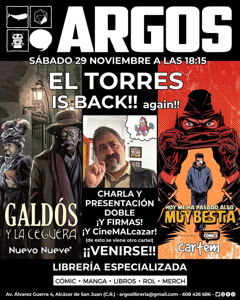 Que mañana tenemos un sarao serio y completo: cineMALcazar lobos humanos, enmascarados, luchadores, vampiros, ladrones de tumbas y decenas, miles, de cosas más... Venirse que El Torres nos lo cuenta después de presentar sus novedades y firmar 😅

#argoslibreria #cinemalcazar