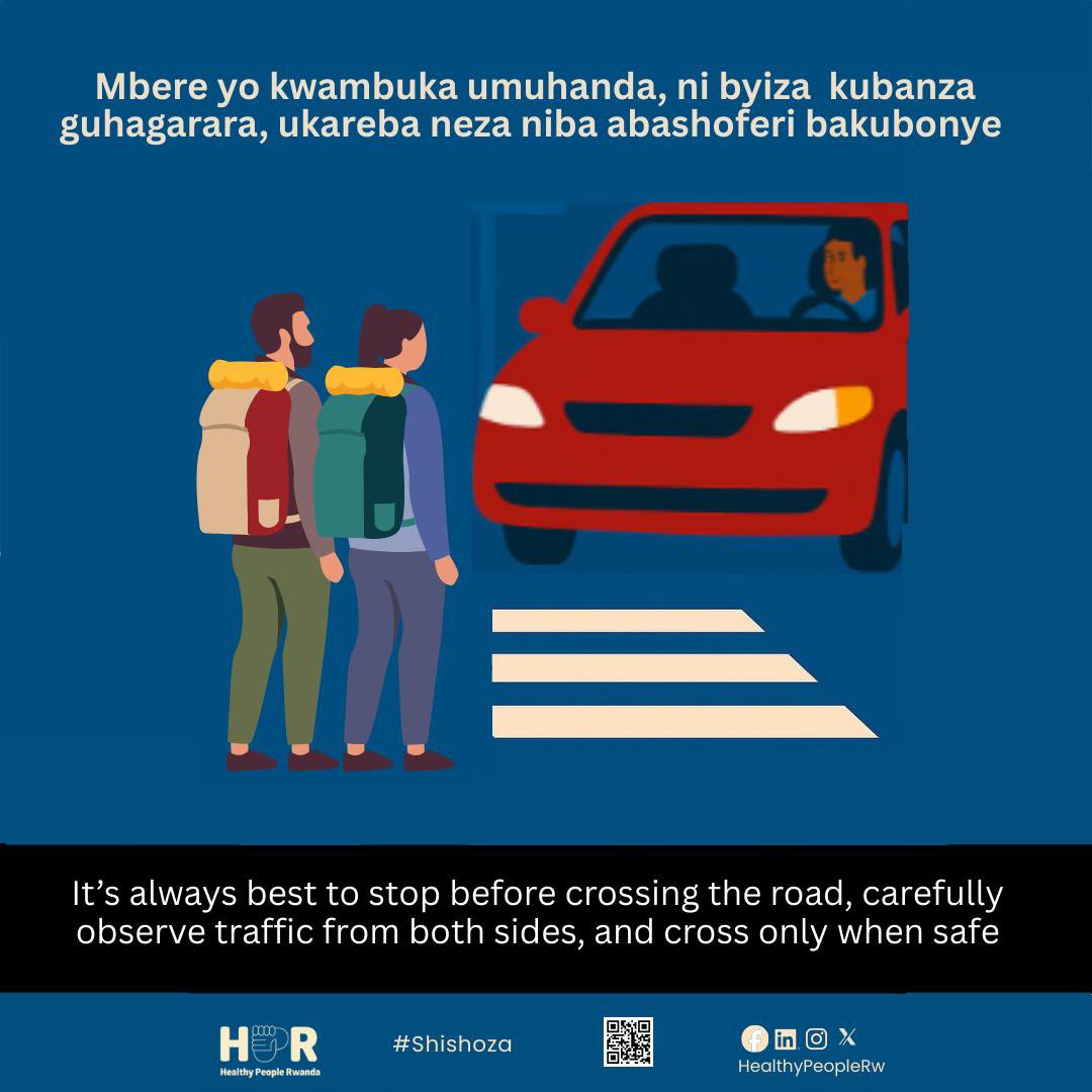 HealthyPeopleRw's tweet photo. Shishoza! Kwambukira ahabugenewe ntibihagije. Itonde urebe ko shoferi yakubonye

————

Be cautious! Crossing at the designated place is not enough. Be careful and make sure the driver has seen you.

#Shishoza #HPR #Rwanda #roadasafety #GerayoAmahoro https://t.co/Ndd3tTUryL