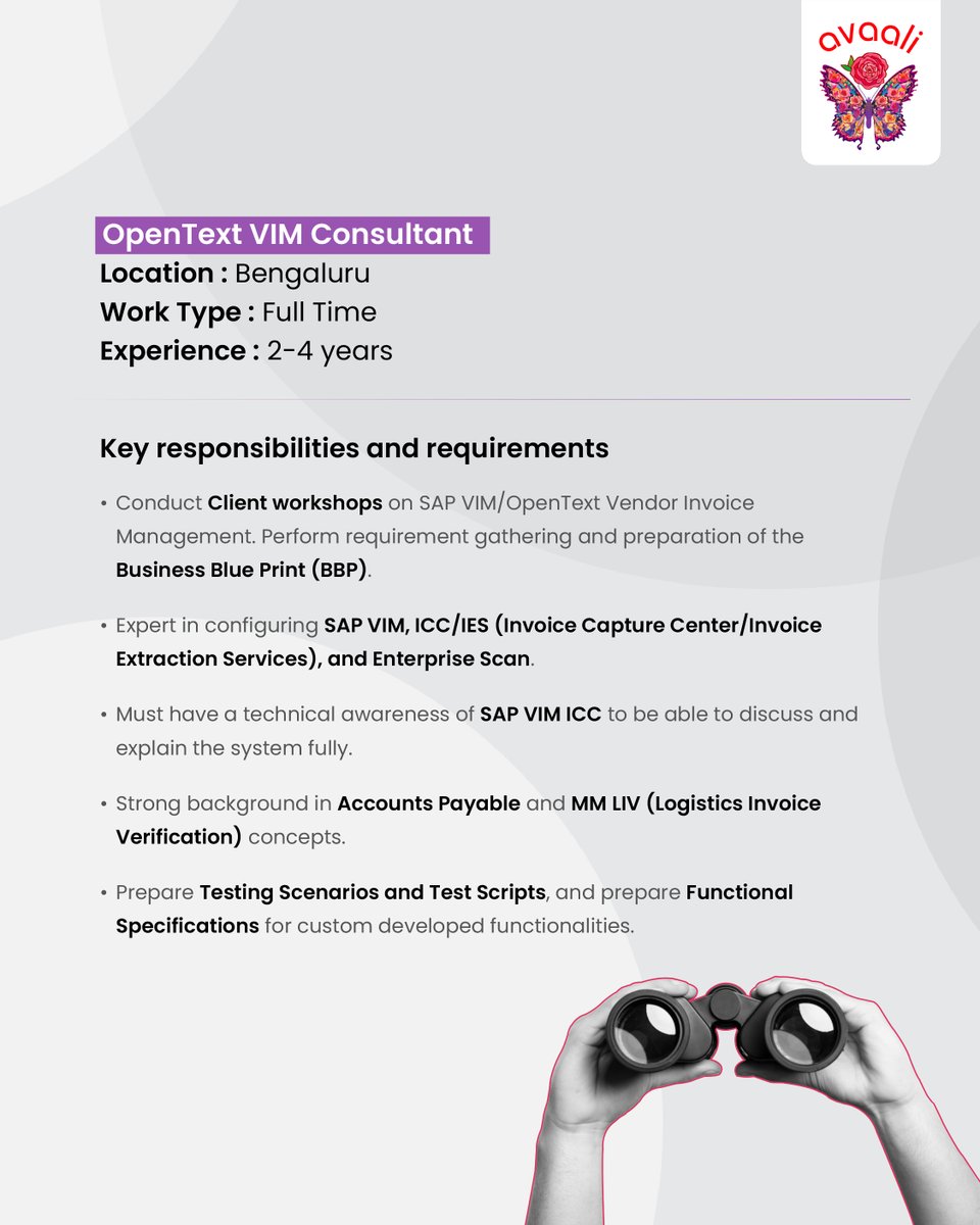 AvaaliSolutions's tweet image. We’re seeking OpenText VIM Consultants to lead workshops, configure VIM/ICC/IES, manage AP processes, and deliver high-impact solutions for enterprise finance.
#OpenText #VIMConsultant #EnterpriseTech