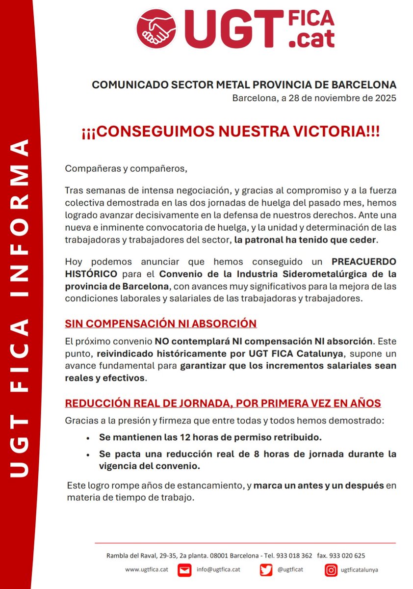 Gedia_ugt's tweet photo. Una vez más queda demostrado que la unión y la lucha entre tod@s hace la fuerza para conseguir grandes logros💪🏻💪🏻💪🏻
Hemos conseguido un Preacuerdo del convenio del metal de BCN, sin retrocesos y con bastantes mejoras.
#gedia #gediaugt #ugtficatalunya #ugtfica #ugt https://t.co/7bMQhqRo9e