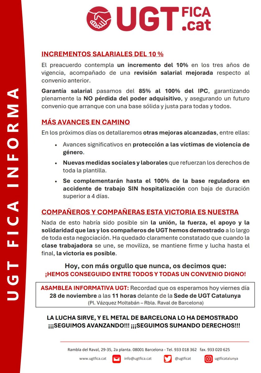 Gedia_ugt's tweet photo. Una vez más queda demostrado que la unión y la lucha entre tod@s hace la fuerza para conseguir grandes logros💪🏻💪🏻💪🏻
Hemos conseguido un Preacuerdo del convenio del metal de BCN, sin retrocesos y con bastantes mejoras.
#gedia #gediaugt #ugtficatalunya #ugtfica #ugt https://t.co/7bMQhqRo9e