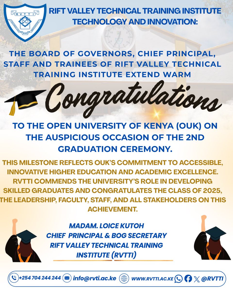 Rift Valley Technical Training Institute (RVTTI) fraternity extend warm congratulations to the Open University of Kenya (OUK) on the occasion of your 2nd Graduation Ceremony. <a href="/OpenUniKenya/">Open University Kenya</a>