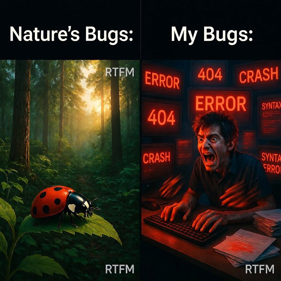 RTFMNowWhat's tweet image. Why do programmers hate nature? Too many bugs. But seriously, RTFM before you blame the compiler for your shitty loops. 🌿🐛😆 #CoderLife #BugHunting #ProgrammingJokes
