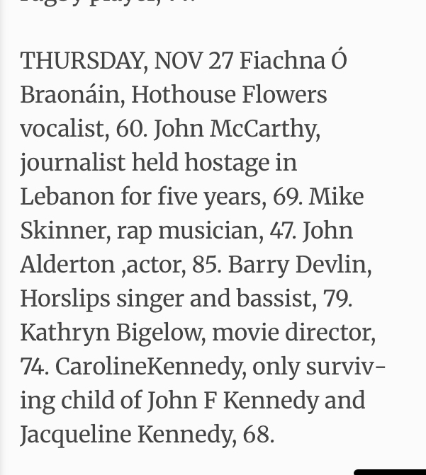 THorslips's tweet photo. Birthdays Nov 27th from The Sunday Independent

@fobraonain hits the speed limit (Irish Miles of course).  Don’t slow down #Fiachna! 
#BarryDevlin arrives in 79 - when Horslips last toured America.
Does charmer #JohnAlderton look his age? No! Honestly he’s 85. https://t.co/cErrAEavsf