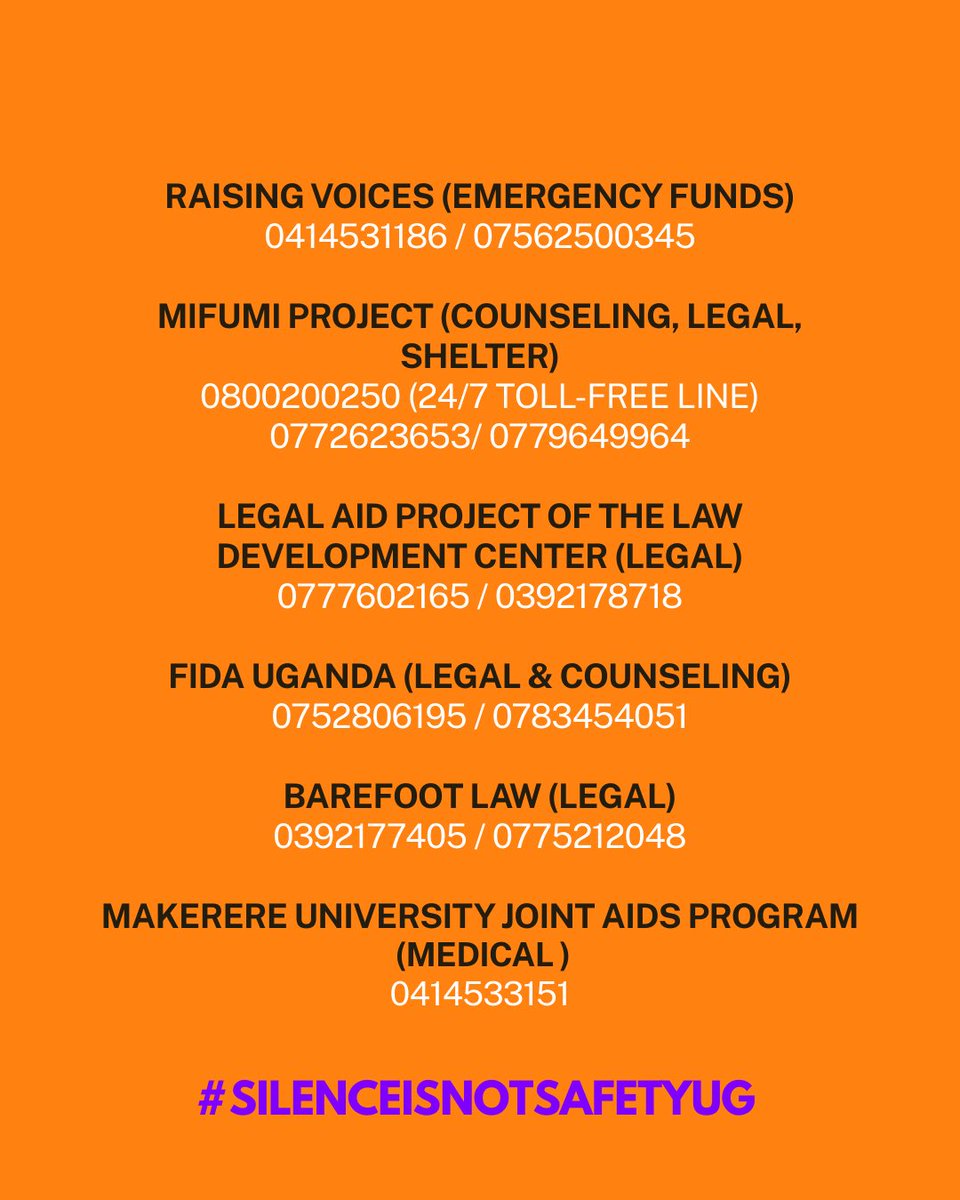 LuckyAgabaa's tweet photo. If you  are suffering GBV or know someone going through the same. Please, please don’t be silent about it. There are people ready to hear you out. Reach out for help, save this in your phones. #SilenceIsNotSafetyUg #16DaysOfActivism2025 https://t.co/fL7Xyy4ozQ