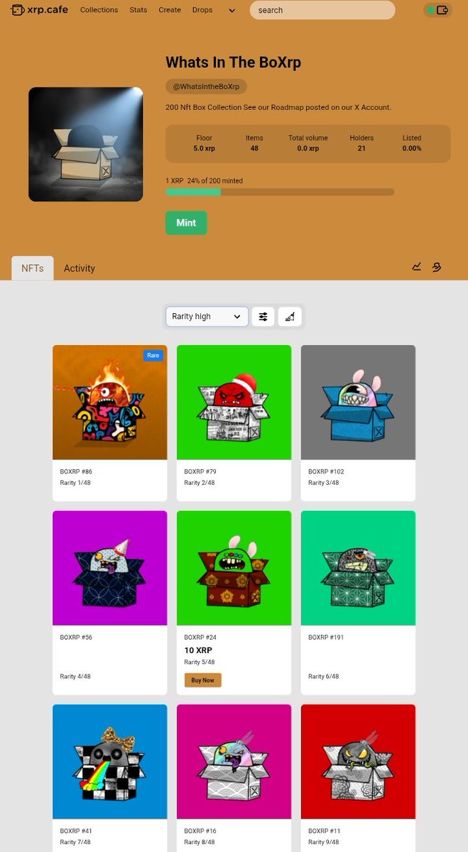 Congrats ! 

We are now at 24% has been minted! 📦 ( 152 BoXrp Left )

Own atleast 10 of our BoXrp Nft and you will receive 1 1:1s <a href="/Madboy589onXRPL/">Madboy589onXRPL 💢😎🤘</a> Nft + merch package + free shipping 

📦 3 1:1s left of Madboy589 Nft.

Here is our Link where you can mint xrp.cafe/collection/wha…
