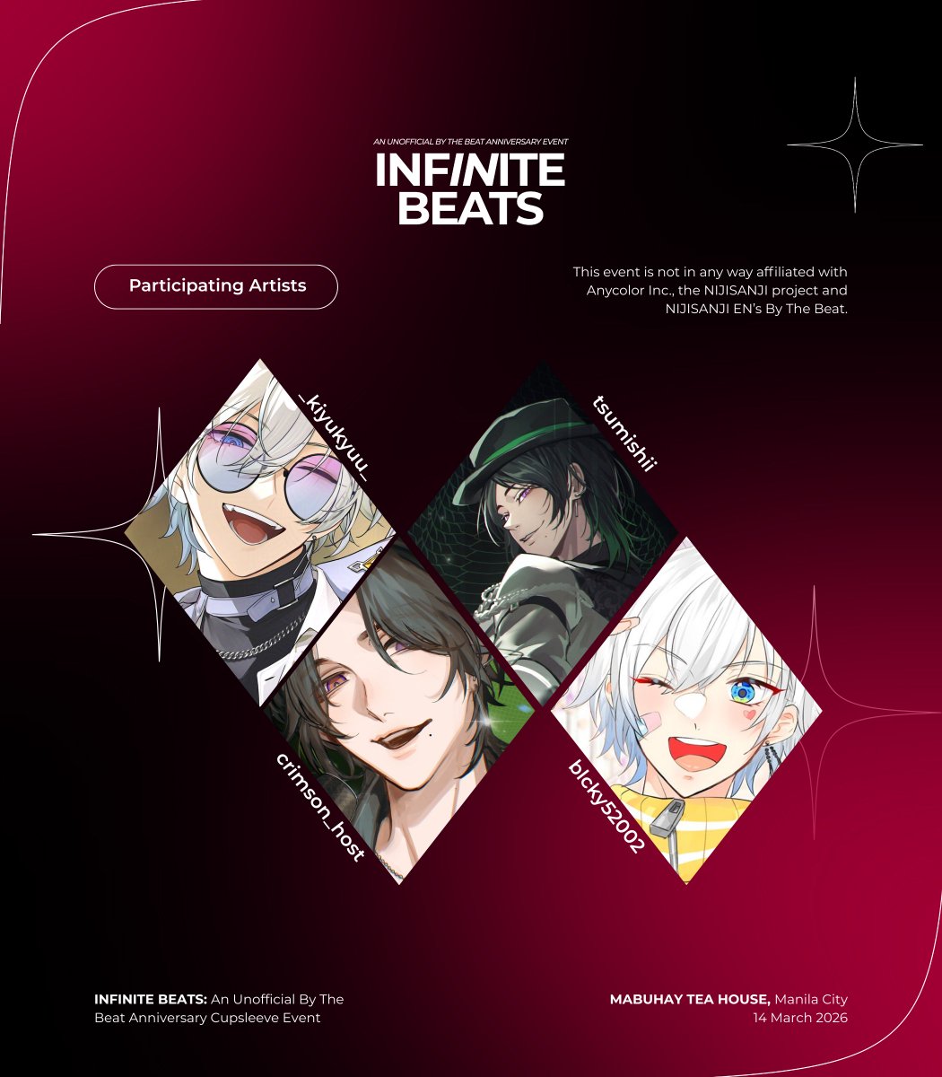 Infinite Beats: An Unofficial BY THE BEAT Anniversary CSE

「 Participating Event Artists 」
⟢: kyuu (<a href="/_kiyukyuu_/">KYUU ʕ•-•ʔฅ | busy</a> )
⟢: crimsonhost (<a href="/Crimson_host/">🍒CrimsonHost🍒 CF21 (J-34B)</a>)
⟢: mishii (<a href="/tsumishii/">˗`ˏ Mishii ˎˊ˗</a>)
⟢: 森々 (<a href="/blcky52002/">森々🦔MoLi|🎫💿|霓集箱A07 08</a>)

❤️💛💚💙

Disclaimer:
This event is a non-profit event and is not in any way
