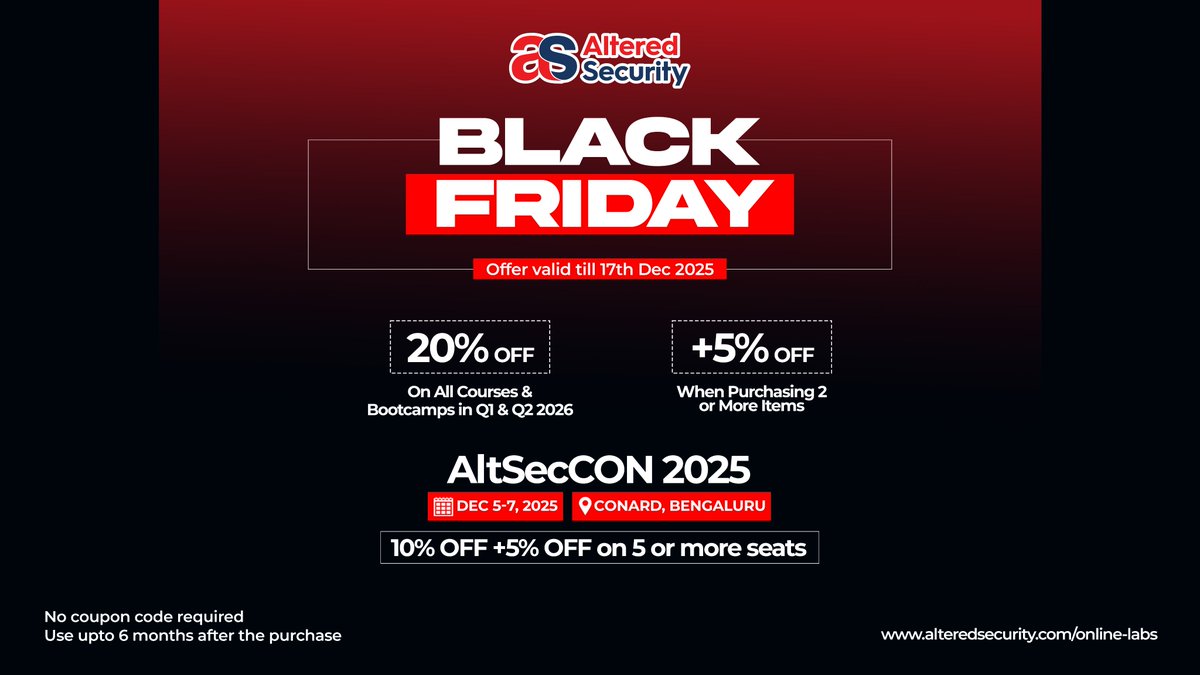AlteredSecurity's tweet image. Black Friday Giveaway &amp;amp; Exclusive Discounts

Win FREE access to:
• 1 CRTE seat
• 1 CETP seat

How to participate:
1️⃣ Like this post
2️⃣ Comment which course you’re interested in and why
3️⃣ Repost

Winners will be randomly selected and announced on December 2, 2025.
Those who’ve…