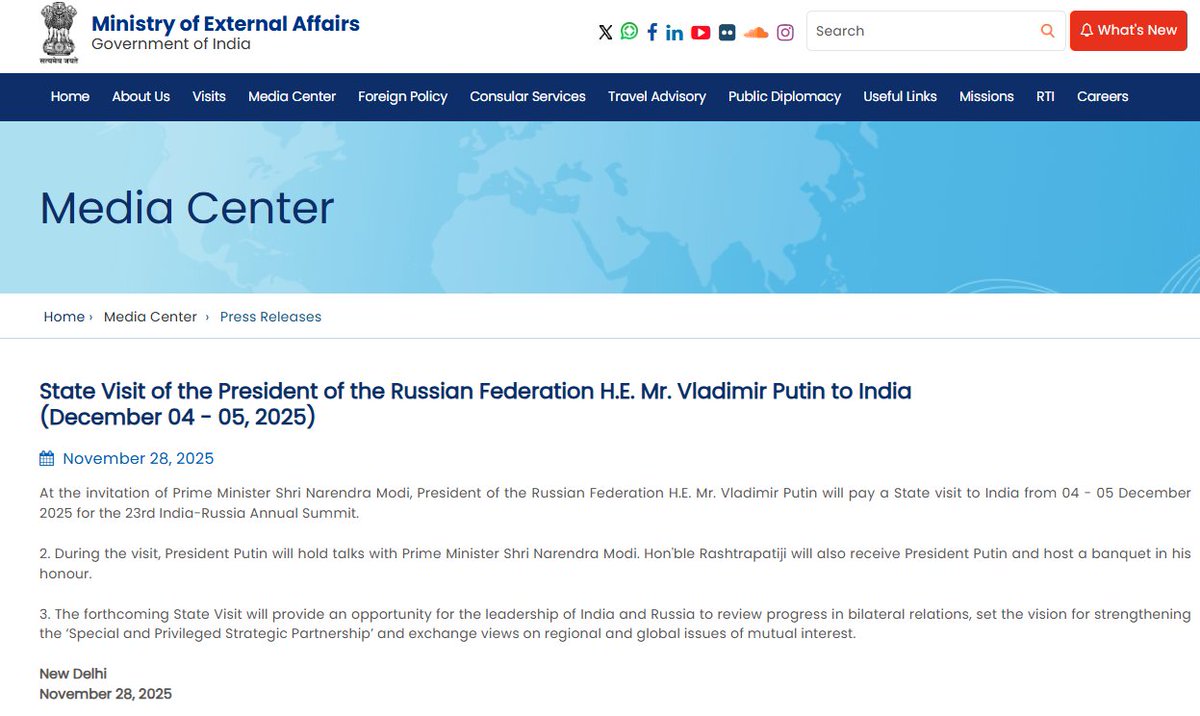 रूस के राष्ट्रपति व्लादिमीर पुतिन की भारत यात्रा की आधिकारिक घोषणा हो गई है। वे 4-5 दिसंबर को भारत आने वाले हैं।