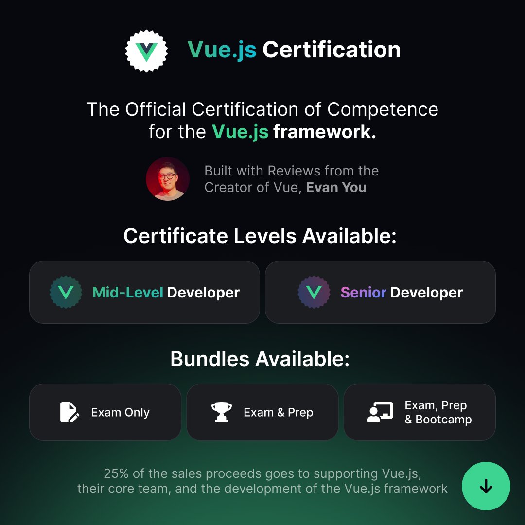 CertificatesDev's tweet image. The Official @vuejs Certification validates your real-world skills exactly as creator, @youyuxi intended, covering patterns, best practices, and practical expertise.

👉Find out more and get Officially Vue.js certified: go.certificates.dev/vb25x