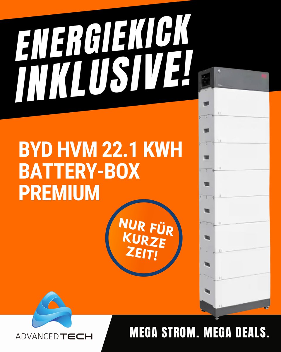 AdvancedTecGmbH's tweet image. ⚡ Energiekick für dein PV-System!

Die BYD HVM Battery-Box Premium 22.1 kWh liefert starke Speicherpower – modular, effizient, zukunftssicher.

🔥 Nur für kurze Zeit – jetzt sichern bei Advanced Tech!

🌐 advancedtech.de | 📞 +49 221 29247300

#AdvancedTech #BYD