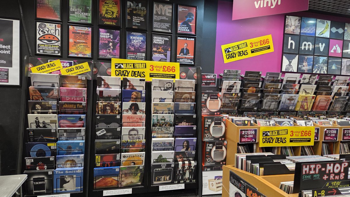 hmvStockport's tweet photo. BLACK FRIDAY IS HERE! We have 20% off Blu-Ray and 4K UHD,  loads of money off Tech offers and great new titles in our 3 vinyl for £66 offer! Something for everyone! #blackfriday #hmvCrazyDeals https://t.co/17iubZVFco