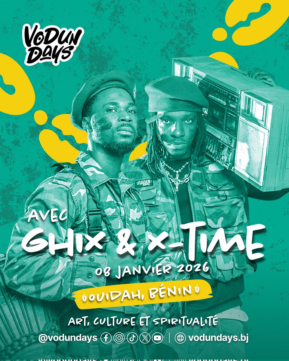 🇧🇯🎤🥁🎺🎷 GHIX &amp; X-TIME EN CONCERT AUX VODUN DAYS 2026 ! 🎶 

Le Jeudi 8 janvier 2026, laissez-vous emporter par l’énergie de #Adjapiano, cette vague sonore béninoise qui secoue les scènes et affirme une nouvelle identité musicale. 🎉 

👉🏾 Une performance exceptionnelle vous