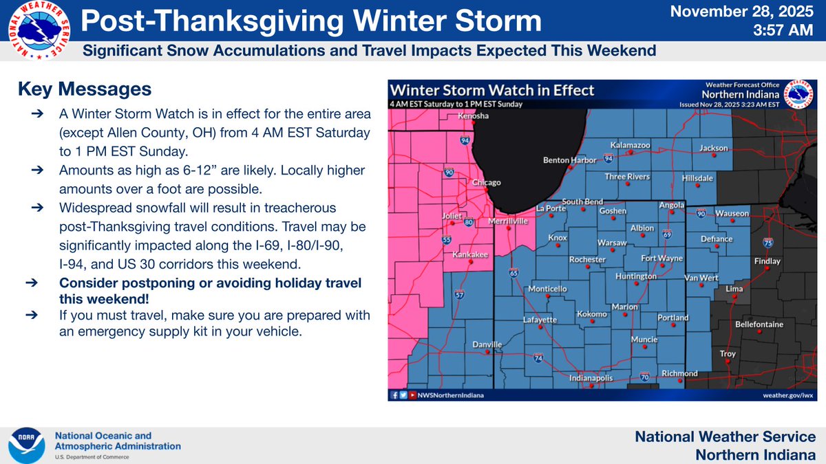 NWSIWX's tweet image. Here&apos;s the latest forecast information regarding the upcoming winter storm. Widespread snowfall of 6-12&quot;+ will result in treacherous post-Thanksgiving travel conditions. Travel may be significantly impacted along the I-69, I-80/I-90, I-94, and US 30 corridors this weekend.