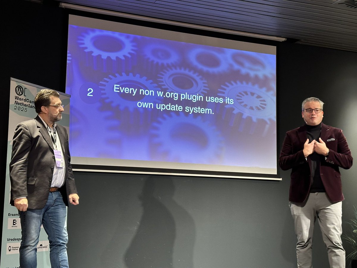 TacoVerdo's tweet image. There are at least four issues with the current way of doing WordPress plugin updates, @karimmarucchi and @jdevalk explain at #WCNL.