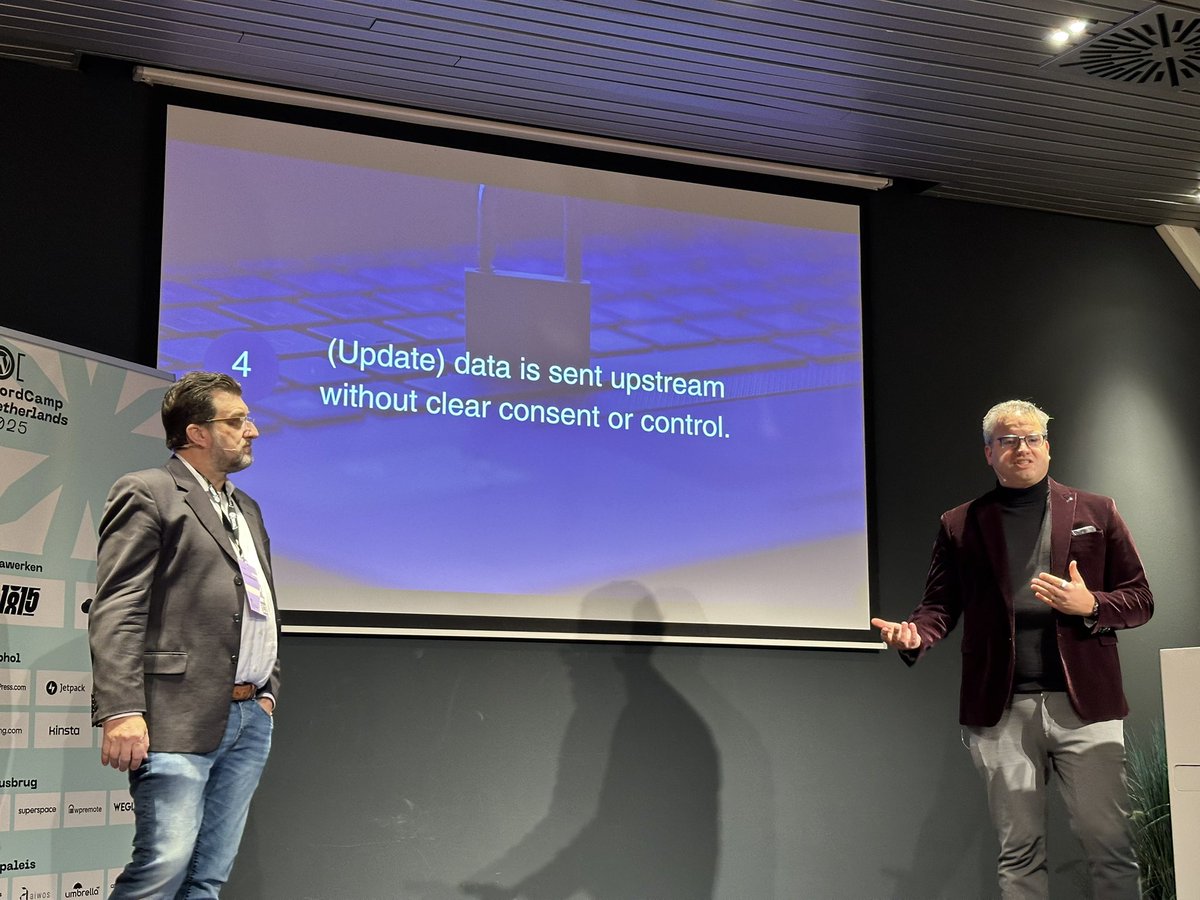 TacoVerdo's tweet image. There are at least four issues with the current way of doing WordPress plugin updates, @karimmarucchi and @jdevalk explain at #WCNL.