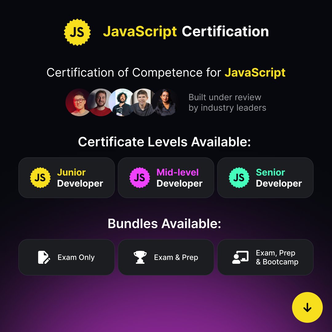 CertificatesDev's tweet image. Built under review from top JavaScript experts, this certification helps you prove your abilities, identify blind spots, and strengthen your knowledge. Covering everything from ES6+ features and async logic to performance best practices, it’s designed to ensure you don’t just…