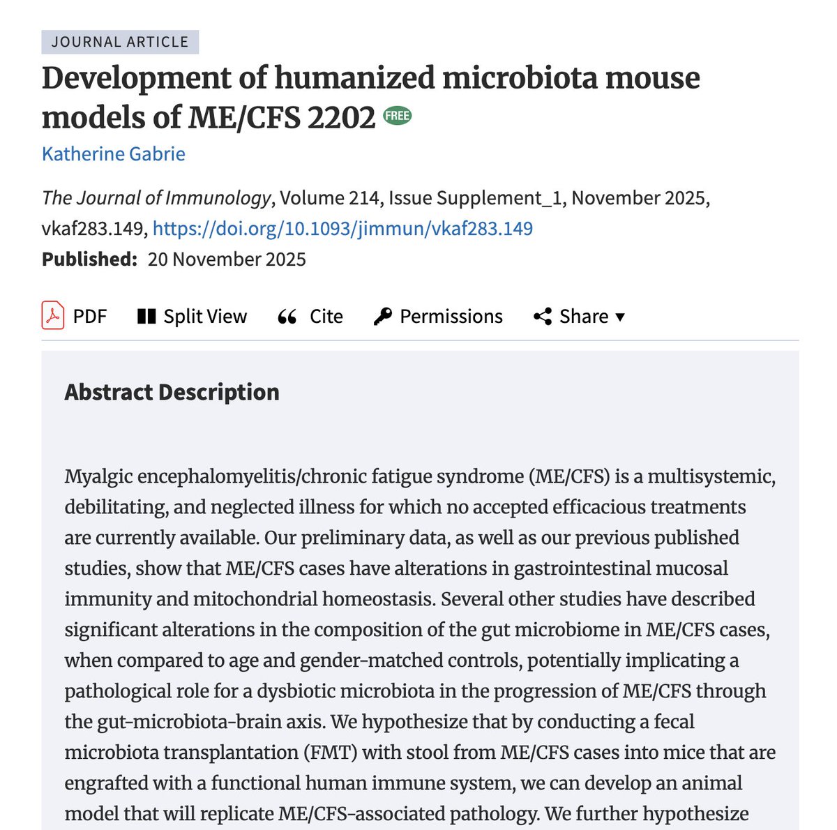 1) From an new abstract:

"We hypothesize that by conducting a fecal microbiota transplantation (FMT) with stool from ME/CFS cases into mice that are engrafted with a functional human immune system, we can develop an animal model that will replicate ME/CFS-associated pathology."
