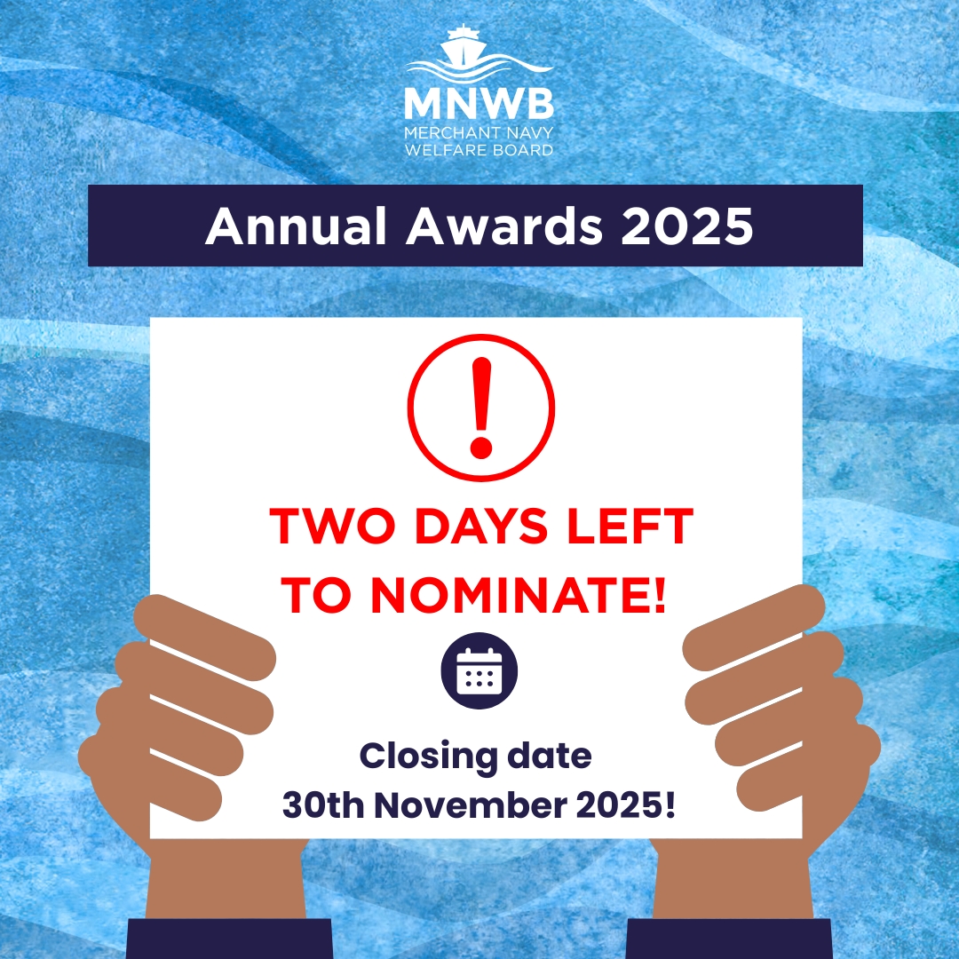 Final chance to nominate! ⏳ Nominations close in 2 days! 

Join us for the MNWB Annual Awards in 2026 to honour those who uplift seafarers' welfare. 🌊🙌

Learn more 👉 bit.ly/42mVi5h

#MNWBAnnualAwards #SeafarersWelfare