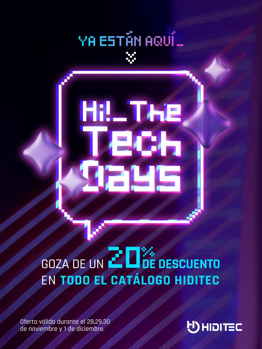 👾 Los Tech Days ya están aquí, y en Hiditec decimos Hi! con un 20 % de descuento en toda la web del 28 de noviembre al 1 de diciembre.

🎮 Aprovecha antes de que se te pase la partida 

👉 hiditec.com/es/

#hiditec #pcgaming #gamingcommunity #blackfriday #descuentos