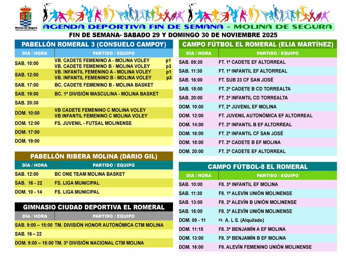 ✅ 𝘼𝙂𝙀𝙉𝘿𝘼 𝘿𝙀𝙋𝙊𝙍𝙏𝙄𝙑𝘼 ℹ️
🗓️ 29 - 30 de noviembre de 2025

🏆⚽🏀🏐🏓♟️🧭🤽‍♀️🤾⛹🏽‍♂️🏅
🏛 <a href="/AytMolinaSegura/">Ayuntamiento de Molina Segura</a>  
🏟 #molinadesegura 
🏭 #conservadeldeporte 
💪 <a href="/RMolinadeportes/">Molina Todo Deporte</a>