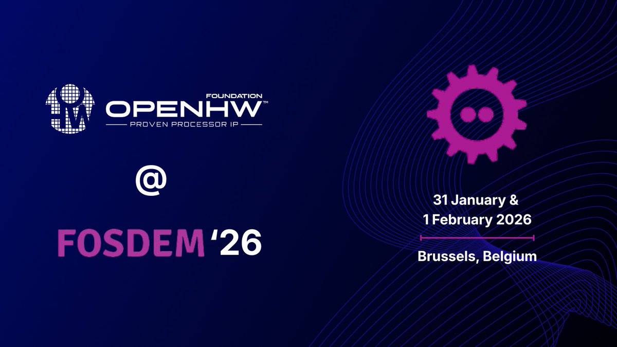 OpenHWFdn's tweet image. The RISC-V Devroom at #FOSDEM2026 is accepting proposals! 📢 Submit your #OpenHW talk before 1 December to share your expertise with other open-source RISC-V hardware professionals. Details: hubs.la/Q03VGv-Z0 #FOSDEM #RISCV