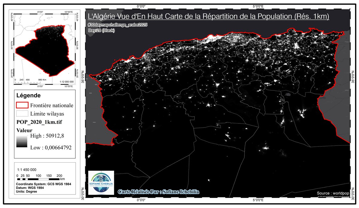 #30daymapchallenge
#30daymapchallenge2025
#30daymapchallenge_arabe2025
Day:28 (Black)
L'Algérie Vue d'En Haut: Carte de la Répartition de la Population (Rés. 1km)