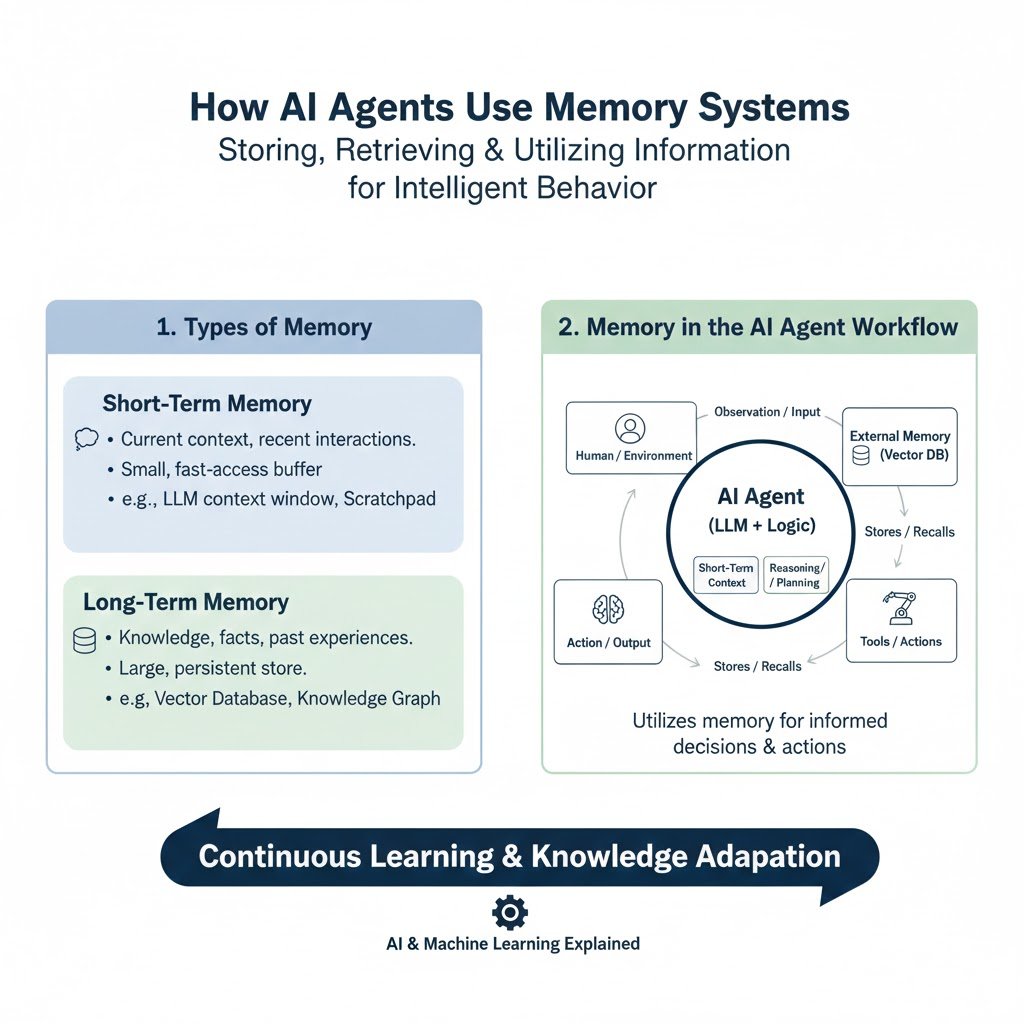 e_opore's tweet image. How AI Agents Use Memory Systems

1. Introduction

→ Memory is essential for AI agents because it allows them to retain information, reason across time, and improve decisions based on past interactions.
→ Without memory, agents would act blindly, unable to learn or adapt.

2.…