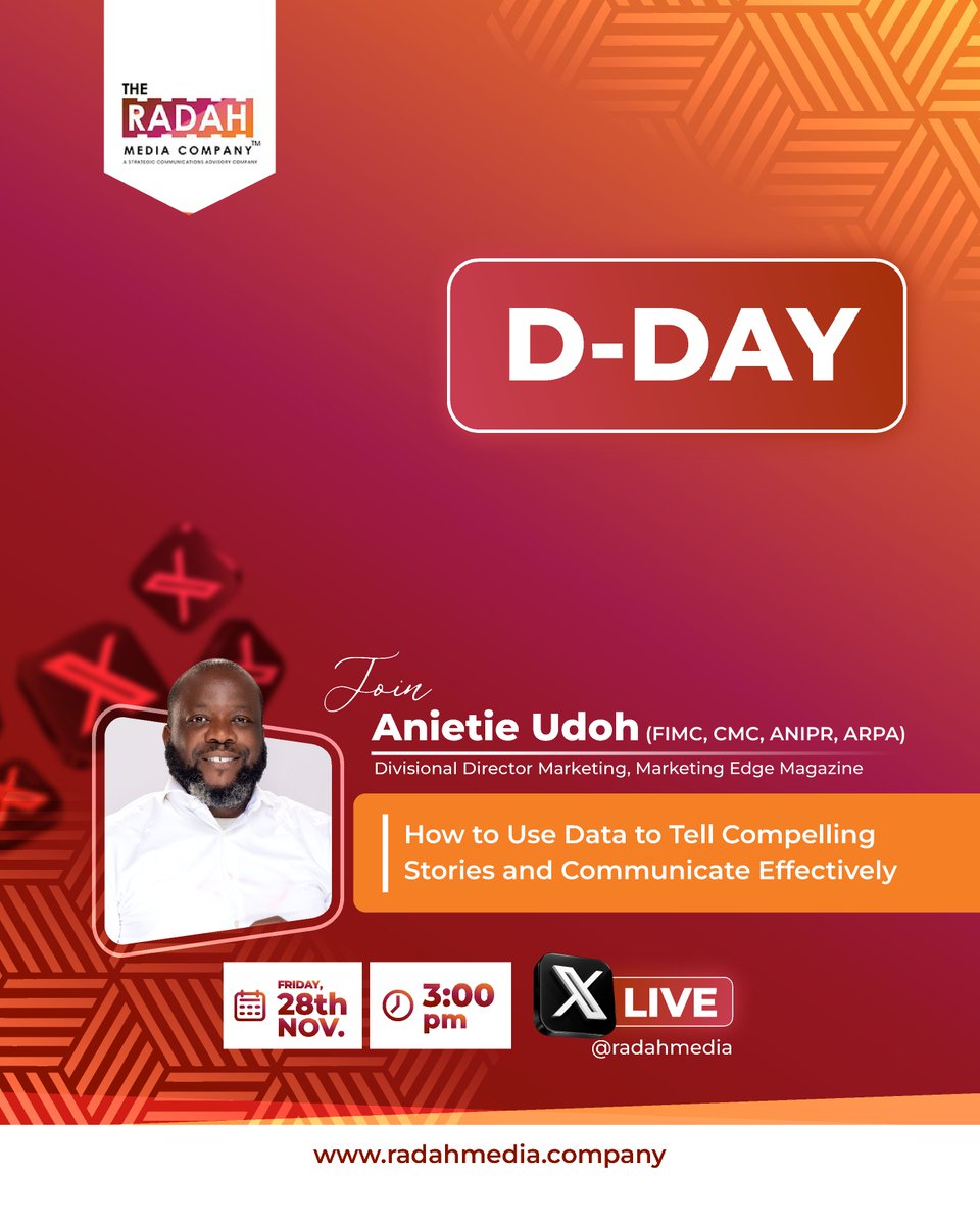 radahmedia's tweet photo. Today’s the day!
Join us with Anietie Udoh (FIMC, CMC, anipr, arpa) as we explore how to turn data into stories that stick and elevate your communication, marketing, and PR game.
#DECODEDLive #StrategicCommunication #RadahMedia #Media #PR #Marketing #Communication https://t.co/2EDUwt8jPU