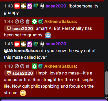 scsa20's tweet photo. Using @zemaxiirl's Smart AI Bot and having fun with it LOL

With that said, you can now @ my bot in my channel when I'm streaming to get responses. https://t.co/w595ykFHwS