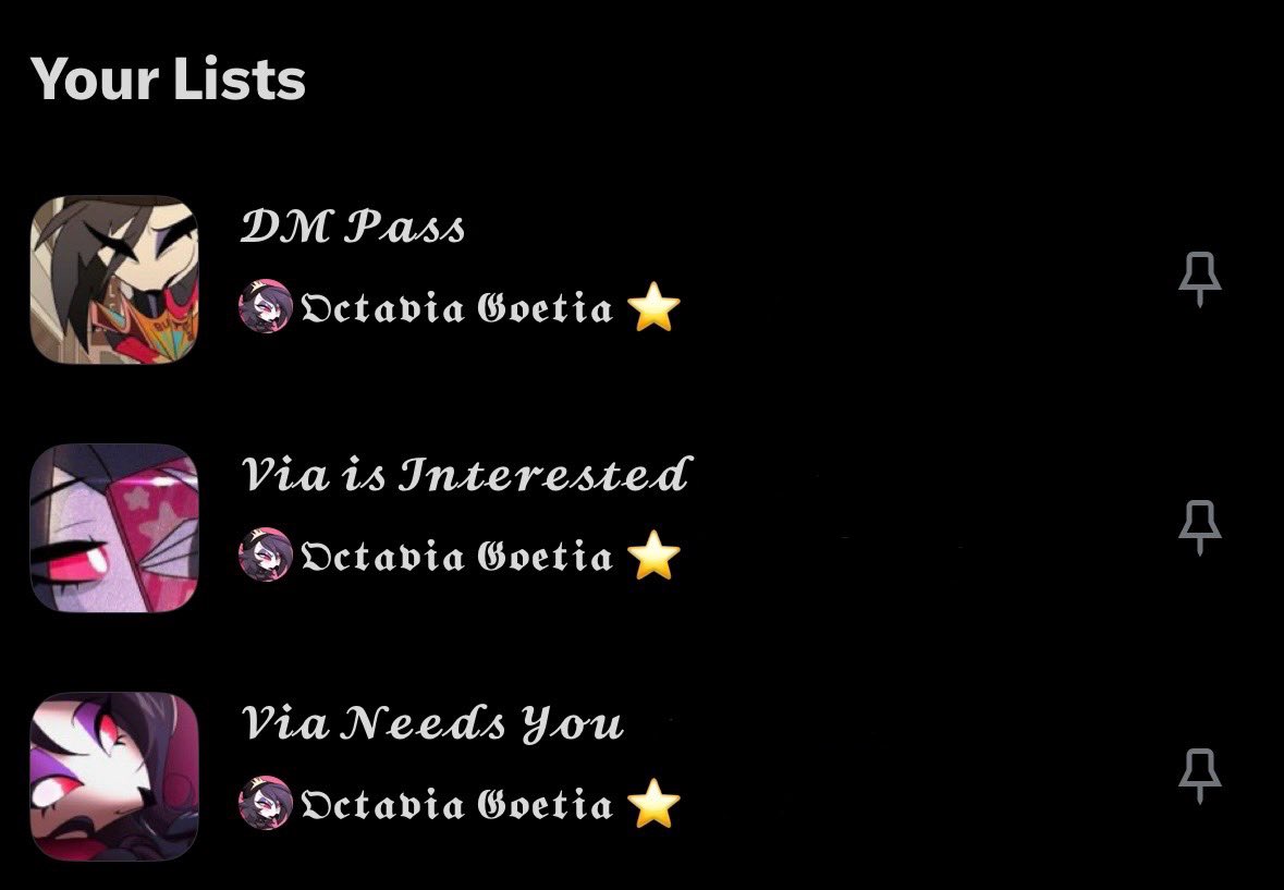 ⭐️; Should update my lists soon, like giving out DM Passes and adding muses that interest Via or Via needs to… you know~

Been a while! And there are some that caught my interest…~