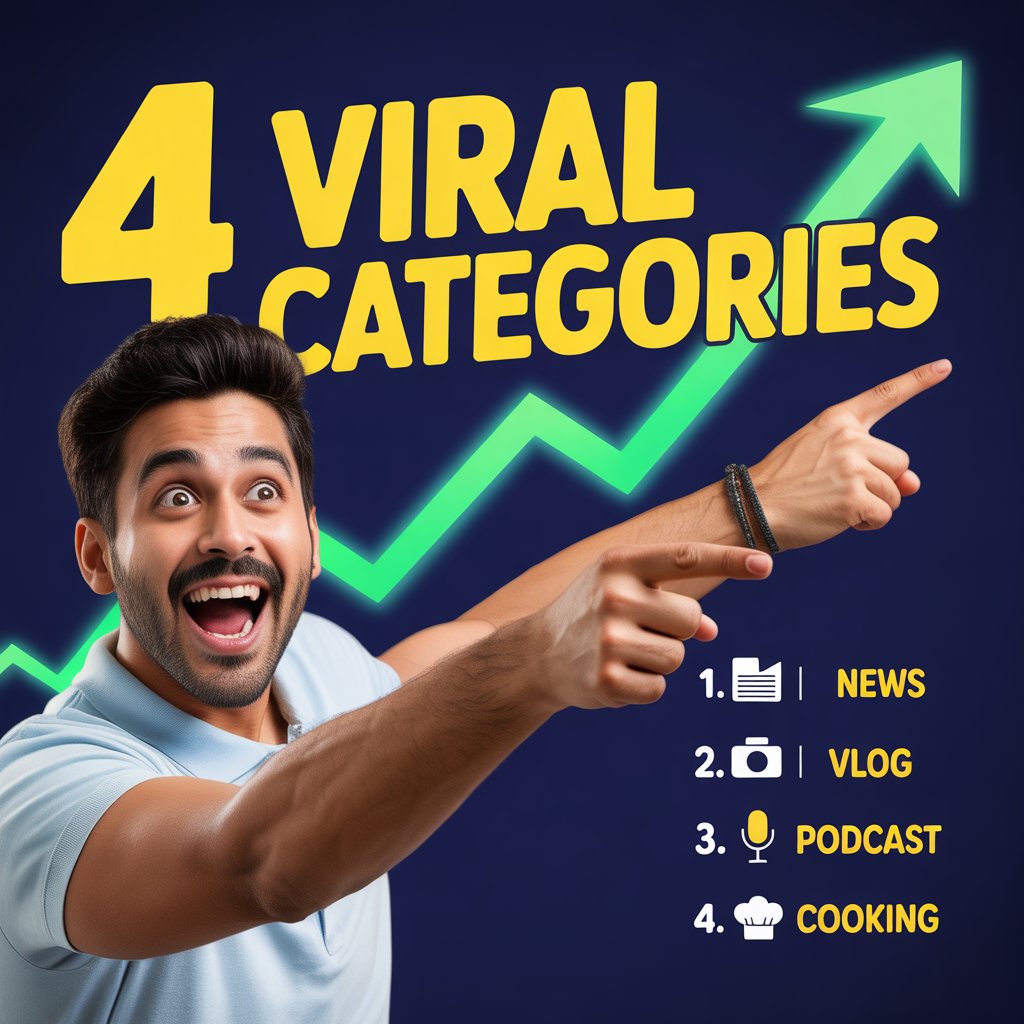YouTuber ki 4 Viral Category jisme ap video bna kar paise kma sakte hai ...

1. News 
2. Vlogs
3. Podcast 
4. Cooking