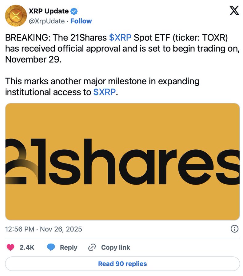 💥REMINDER:  

21SHARES $XRP SPOT ETF (TICKER: TOXR) HAS BEEN APPROVED AND WILL LAUNCH TOMORROW.  

BUCKLE UP 🚀
