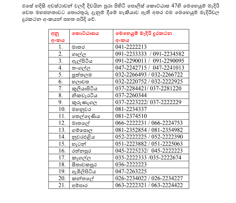 SriLankaTweet's tweet photo. Disaster Assistance – Sri Lanka Police.

Special Operation Centres are active in all police divisions to provide assistance.
In case of floods, landslides, or extreme weather, contact any of the 47 Police Division hotlines.

List of the divisions and their hotline numbers👇 https://t.co/W0x3qX1Qep
