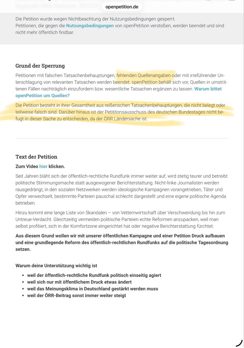 Die Petition aus Reihen der FDP, initiiert u.a. von <a href="/jensteutrine/">Jens Teutrine</a> und <a href="/Alex__Steffen/">Alexander Steffen</a> , mit der Forderung einer umfassenden Reform des politisch mittlerweile sehr einseitigen ÖRR, wurde seitens des Portals <a href="/openPetition/">openPetition</a> gesperrt!

Dies ist knallharte Zensur und ein weiterer