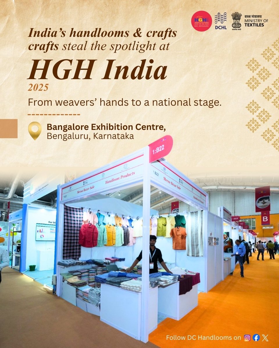 dchandlooms01's tweet image. Check out India&apos;s finest handlooms and crafts at HGH India 2025 in Bengaluru! From weavers&apos; hands to the national stage at Bangalore Exhibition Centre. 

#HGHIndia #Handlooms #IndianCrafts #nhdc #exhibition #MinistryofTextiles #DChandlooms #vocalforlocal #innovation #bangalore