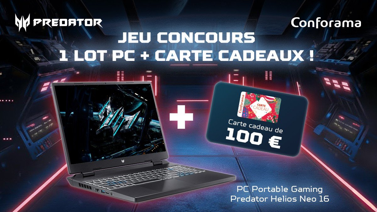 💥 MEGA JEU CONCOURS Predator 🎮 | Predator Badlands x Predator Gaming : on passe au niveau supérieur !
Quand la puissance du film rencontre la performance Predator… préparez-vous à du très, très lourd. 🔥

🎁 À gagner :
👉 1 PC portable Predator Helios Neo 16
👉 1 carte cadeau