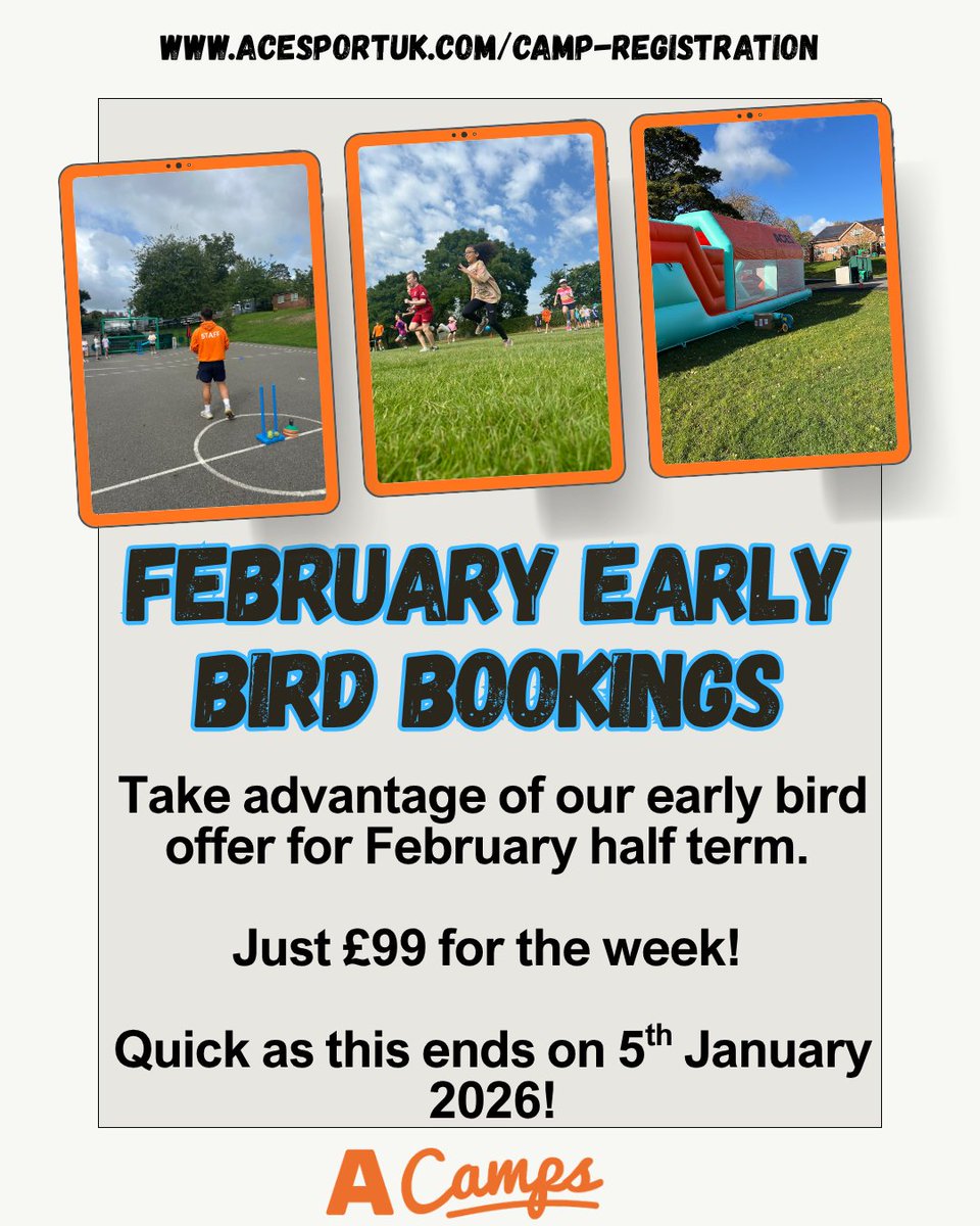 🏃‍♀️ Feb Half-Term Active Camp at Highfield Primary! Early Bird ends 5 Jan — don’t miss out 👉 acesportuk.com/camp-registrat…
#Leeds #HalfTerm #KidsActivities #HolidayCamp #SportsCamp