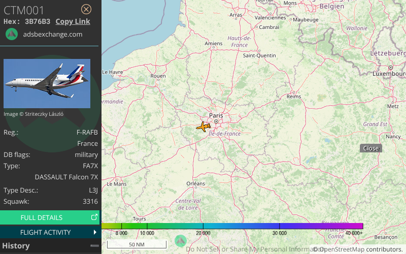🛫 Le DASSAULT Falcon 7X F-RAFB CTM001 de la flotte de l'ET 060 a été détecté à 3 150 ft près de l'aéroport Aéroport de Villacoublay (VIY/LFPV) - Suivi: globe.adsbexchange.com/?hideSidebar&h…