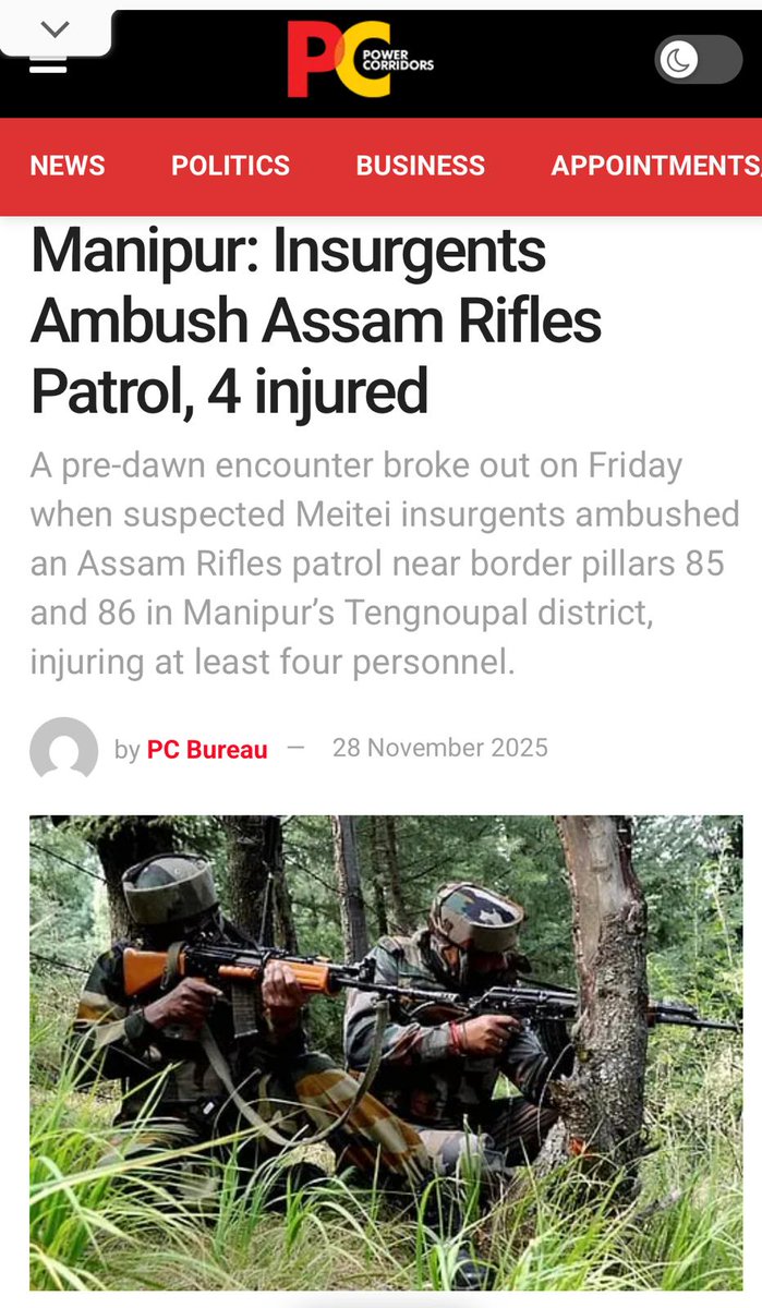 Ah, <a href="/AbhijitChavda/">Abhijit Chavda</a>, <a href="/ramindesai/">Rami Niranjan Desai</a>, <a href="/AnchorAnandN/">Anand Narasimhan🇮🇳</a>, once again your adopted (Meitei) community has been killing our brave jawans—yet you lack the courage to condemn this terrorism. Or will you finally speak out? 🤔