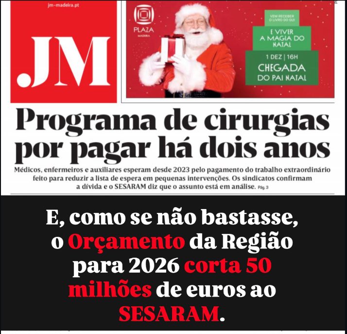 ⚠️ O Governo Regional não paga o que deve. 

Os profissionais que ajudaram a reduzir as listas de espera continuam há dois anos à espera de receber.

Um Governo que age assim é, sem rodeios, um Governo caloteiro.

E como se isso não bastasse, o Orçamento Regional para 2026 traz