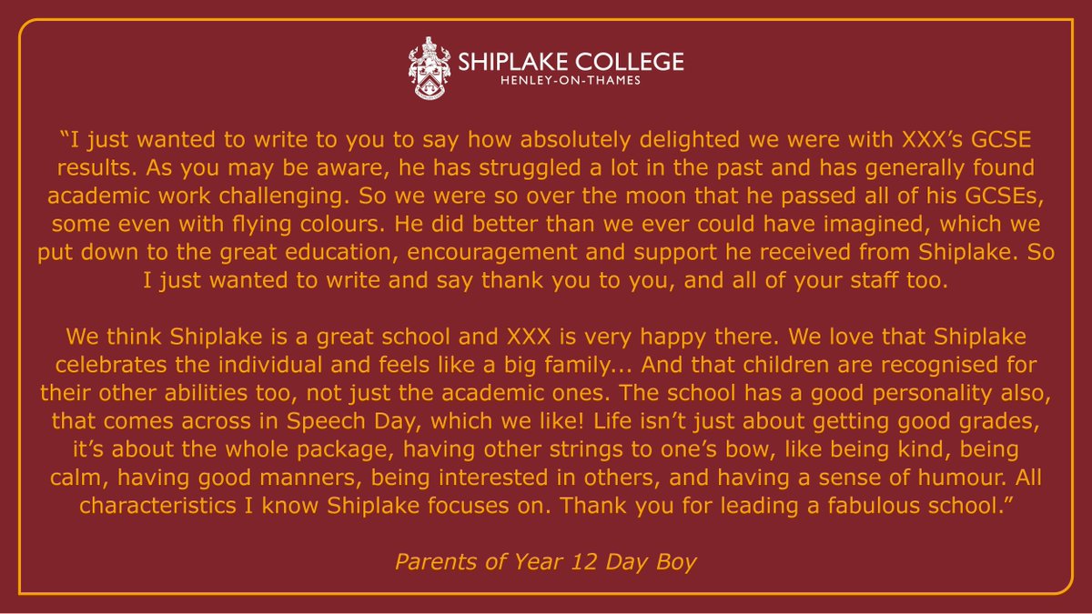 For #FeedbackFriday this week we share some lovely comments from the parents of a #ShiplakeYear12 who got in touch to say how pleased they were with their son's GCSE results but also highlighted how Shiplake celebrates the individual and the development of other characteristics.