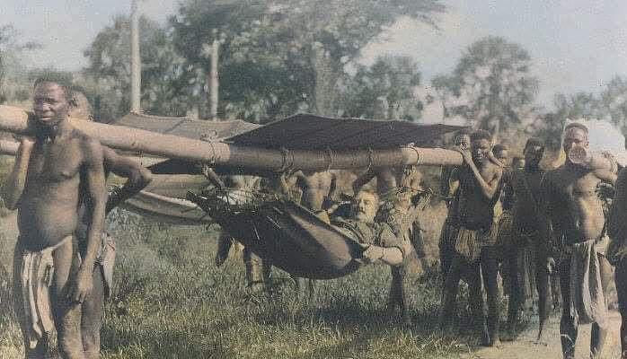 zoomafrika1's tweet image. A rare picture of George Harry Galt, a British colonial officer arriving in Ibanda, Uganda in 1905. A tired Ugandan called Rutaraka later speared him to death.