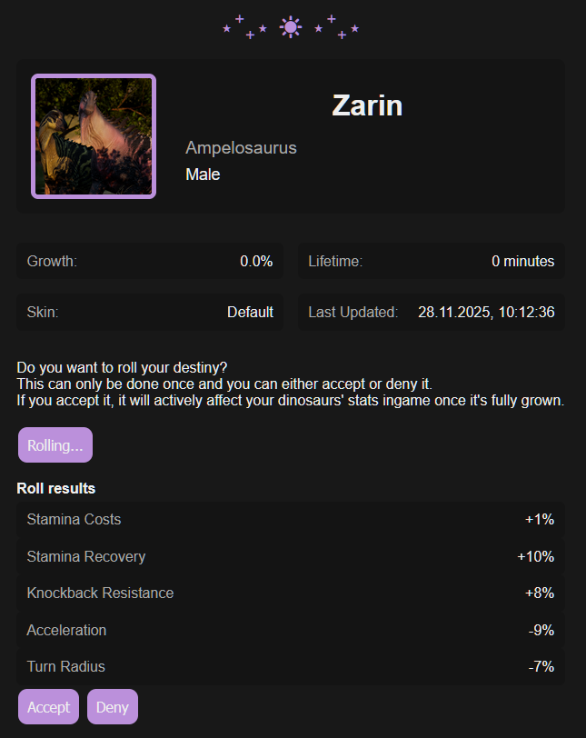 ancientreverie's tweet image. Today we&apos;re presenting to you our home-brewed &quot;Destiny&quot;-feature.
The Destiny Roll is a once-per-dinosaur opportunity that makes your character truly unique.
#PathOfTitans #AncientReverieRealism #roleplay