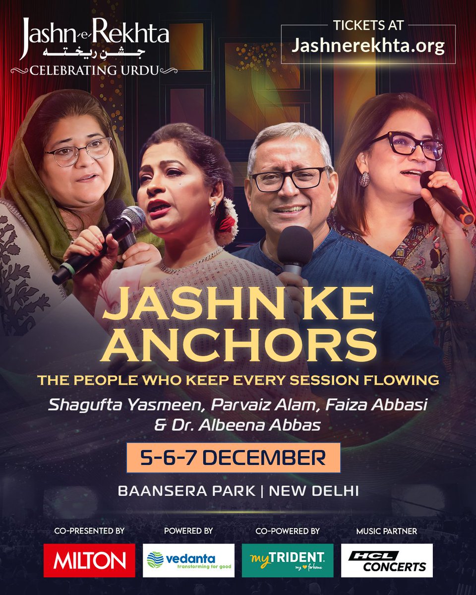 Meet the anchors who will guide you through the Jashn, holding the rhythm of every stage and keeping the celebration moving.

#10yearsofjashn #jashnerekhta #rekhta #baanserapark #anchors