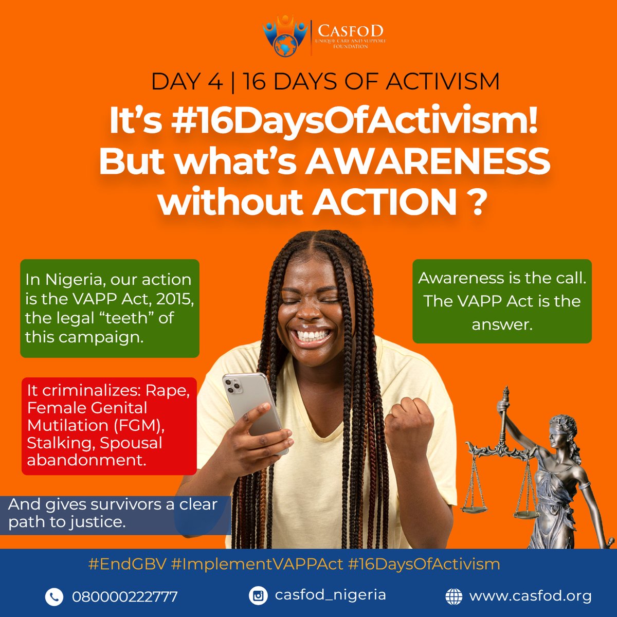 casfod_nigeria's tweet photo. It’s the #16DaysOfActivism! But awareness without action is not enough.

In Nigeria, our real action is the #VAPP Act 2015; the law that gives this campaign its teeth.

It criminalizes #rape, #FGM, #stalking, #domesticviolence, #spousalabandonment, and more, ensuring survivors https://t.co/h1wukixhom
