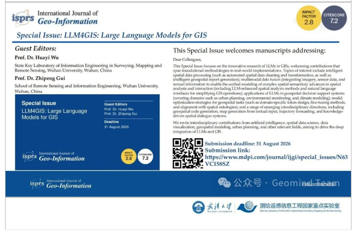 ISPRS_IJGI's tweet image. 🌍#Callforpapers

Many thanks to Prof. Huayi Wu and Prof. Zhipeng Gui for featuring our #SpecialIssue “LLM4GIS: #LargeLanguageModels for #GIS” during last week’s The 20th Annual Conference on Geographic Information Science Theory and Methodology.

🔗 mdpi.com/journal/ijgi/s…